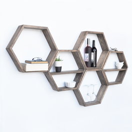Hanah Home Hex003 Estantería de pared de madera de abeto, Nogal, 5 piezas